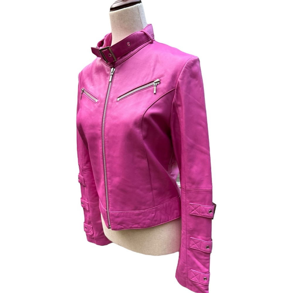 Fuchsia Pink Leather Moto Jacket São Paulo Size 6 – Cropped Buckle Sleeve Biker - Picture 4 of 15
